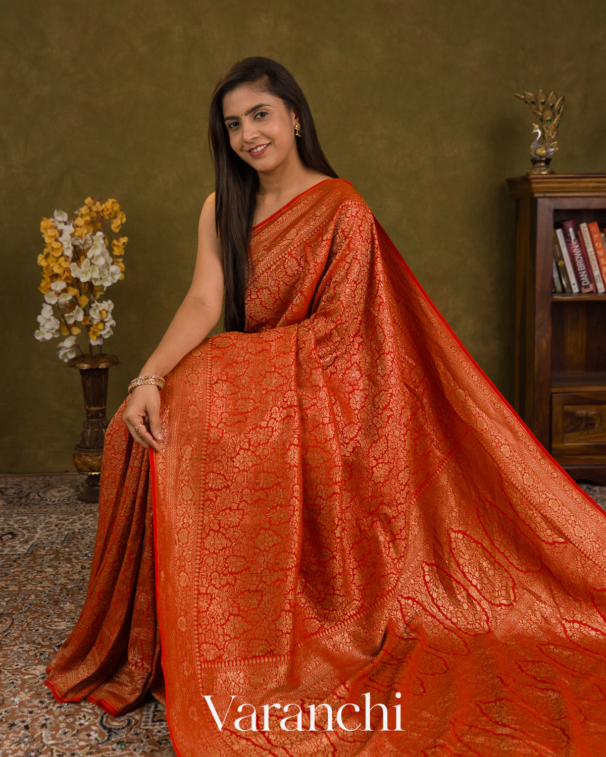 Bright Orange Floral Brocade Pure Crepe Silk Handloom Saree