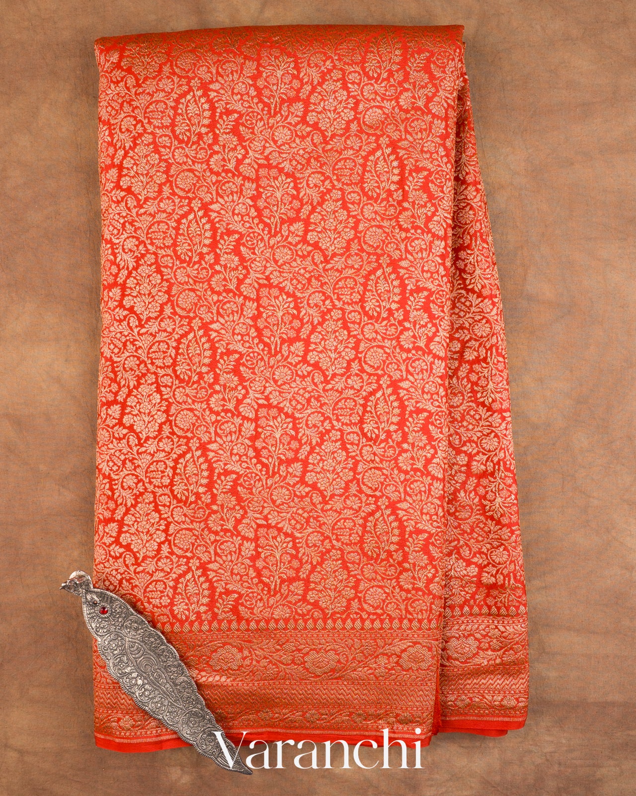 Bright Orange Floral Brocade Pure Crepe Silk Handloom Saree