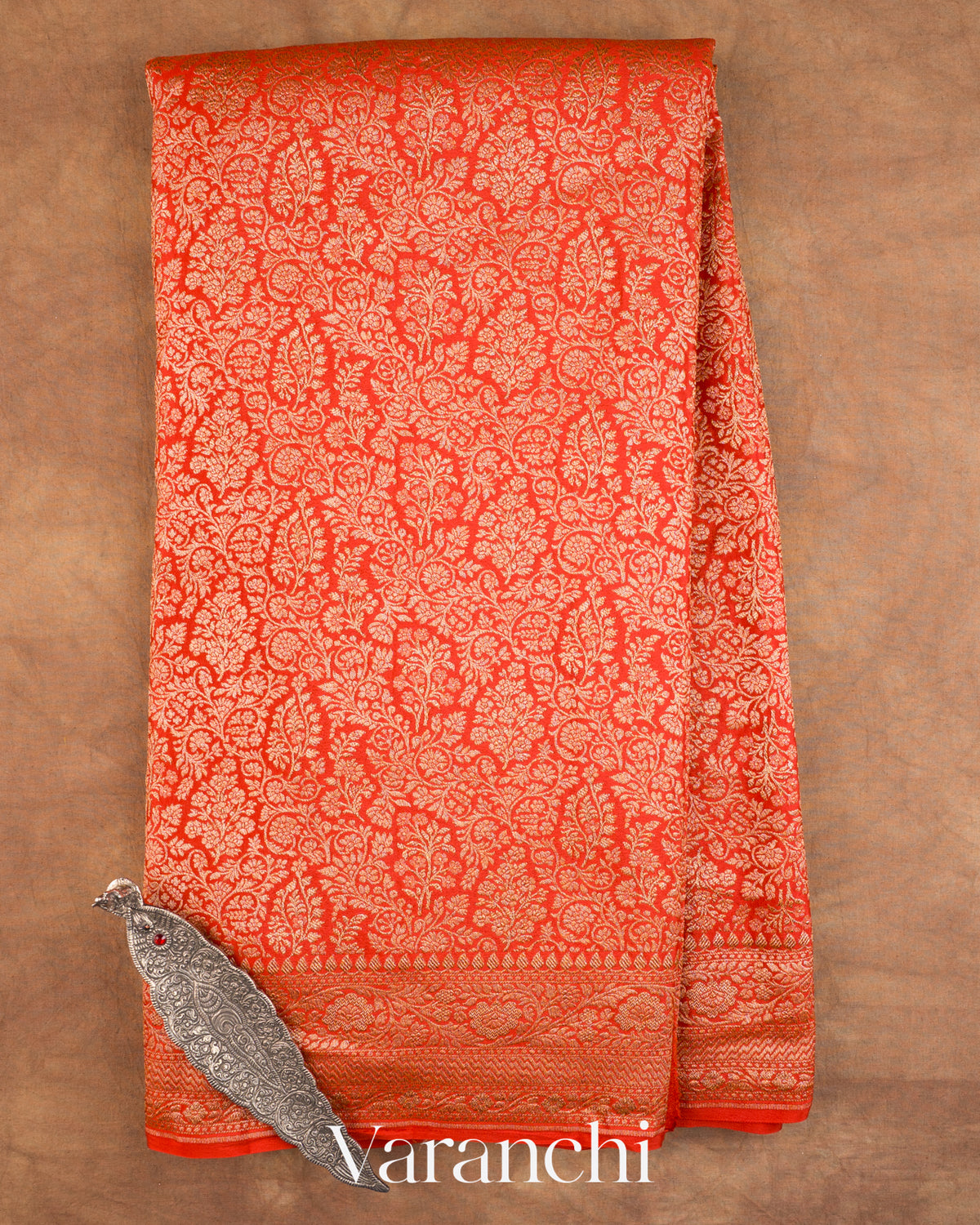 Bright Orange Floral Brocade Pure Crepe Silk Handloom Saree