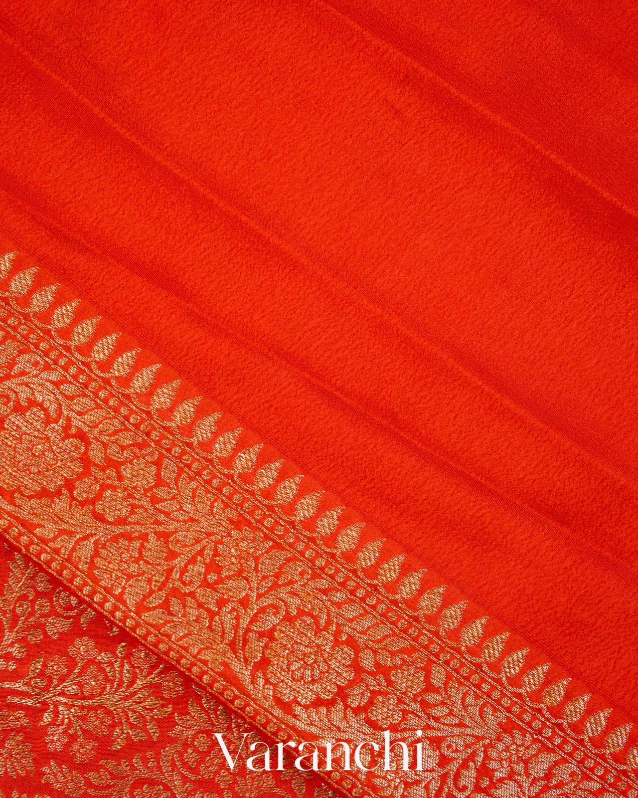 Bright Orange Floral Brocade Pure Crepe Silk Handloom Saree