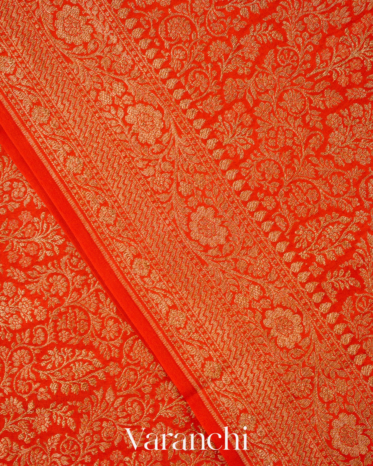Bright Orange Floral Brocade Pure Crepe Silk Handloom Saree