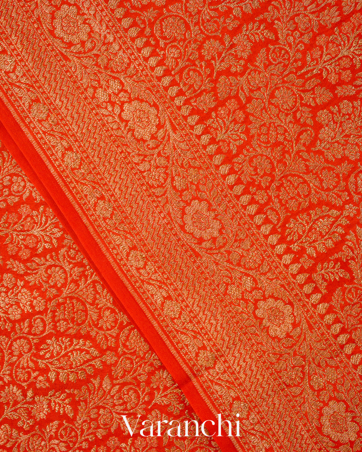 Bright Orange Floral Brocade Pure Crepe Silk Handloom Saree