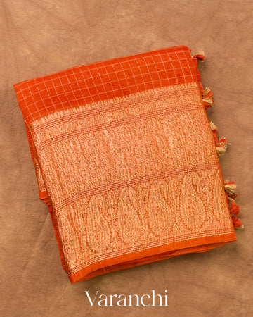 Tangerine Orange Checkered Pure Crush Kora Silk Saree