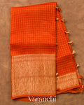 Tangerine Orange Checkered Pure Kora Silk Saree
