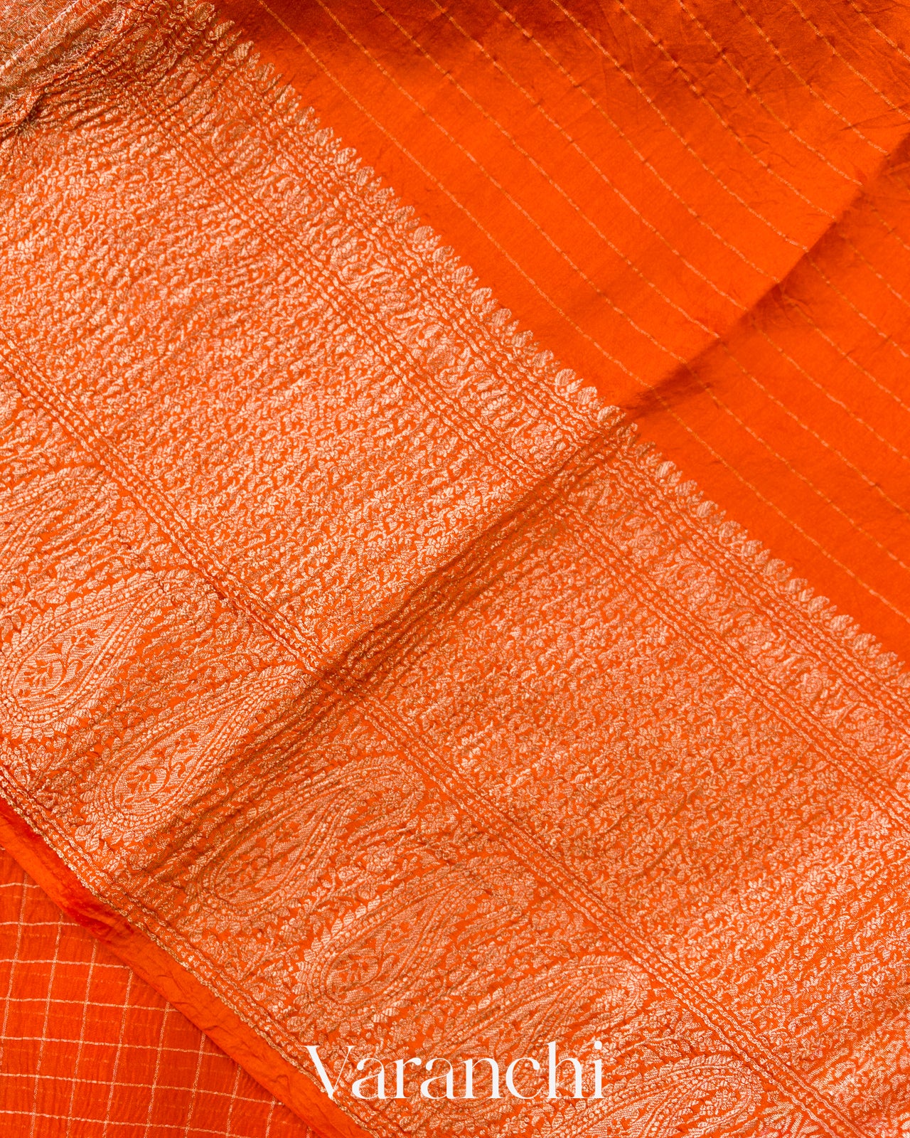 Tangerine Orange Checkered Pure Kora Silk Saree