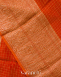 Tangerine Orange Checkered Pure Kora Silk Saree