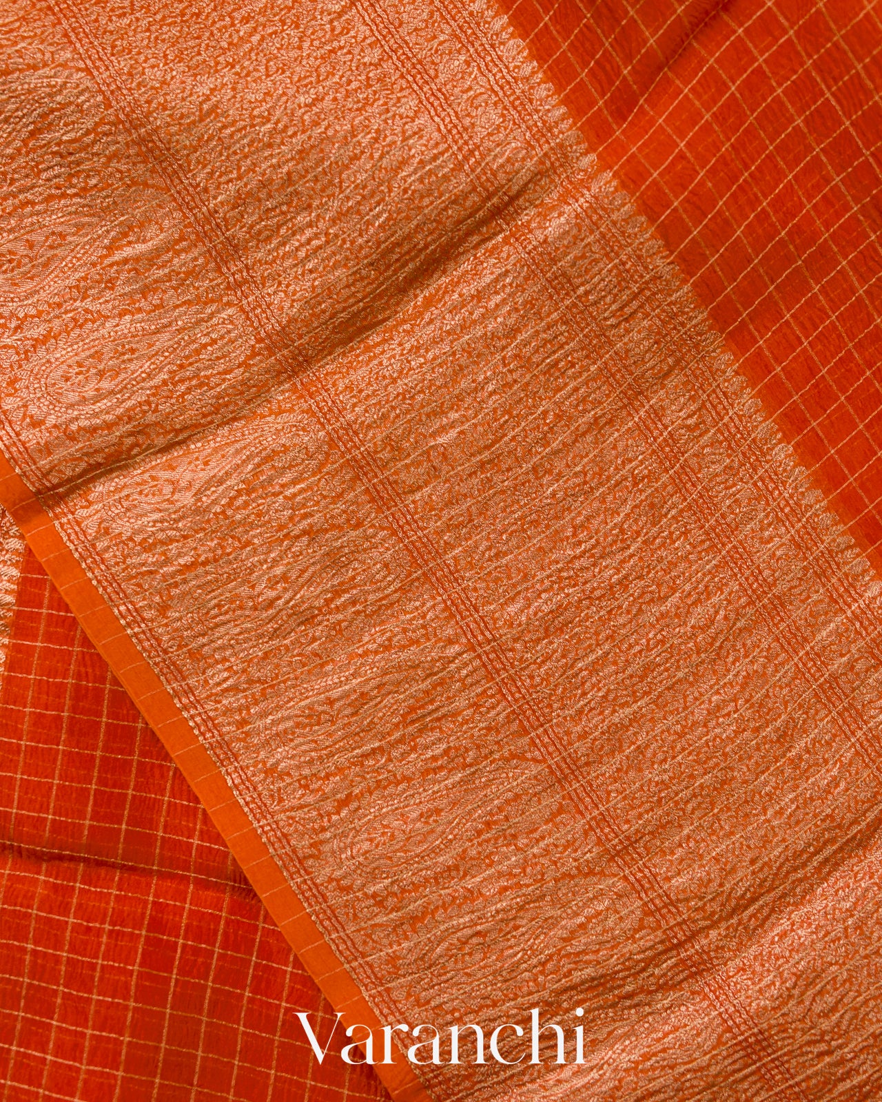Tangerine Orange Checkered Pure Kora Silk Saree