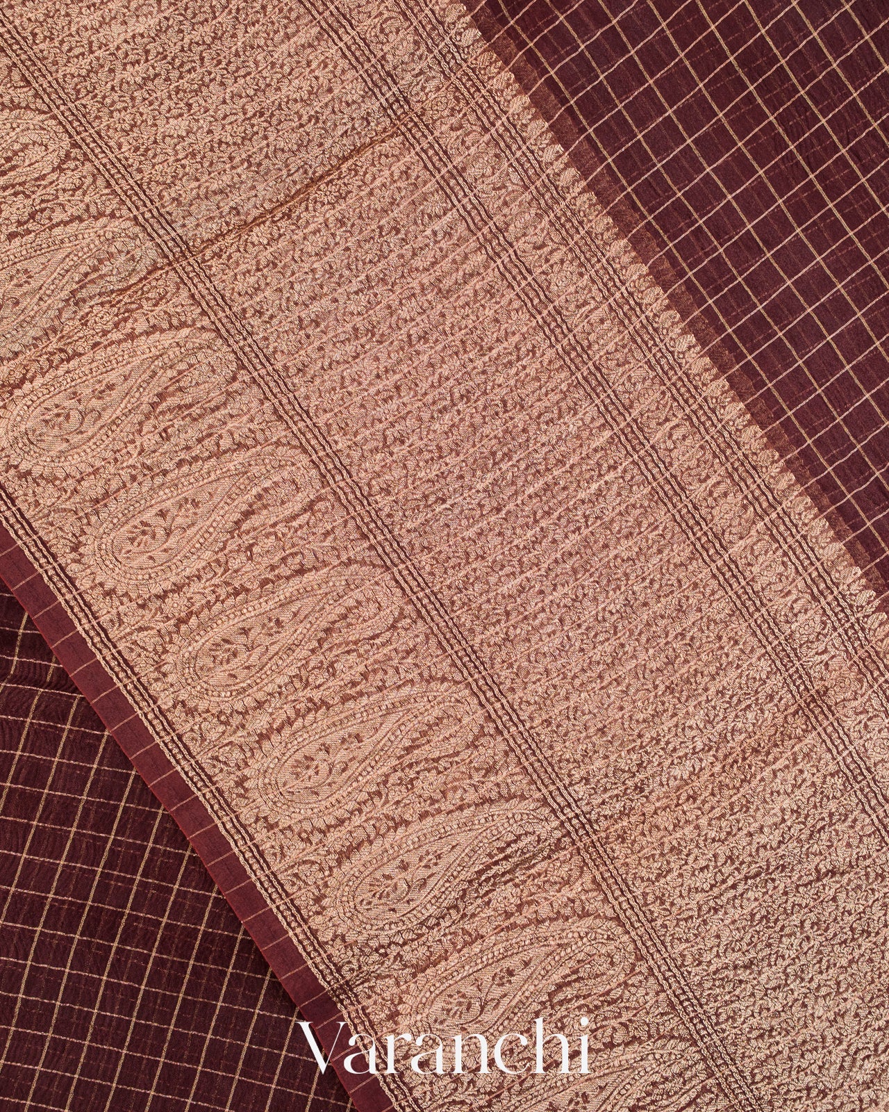 Coffee Brown Checked Pure Kora Silk Saree