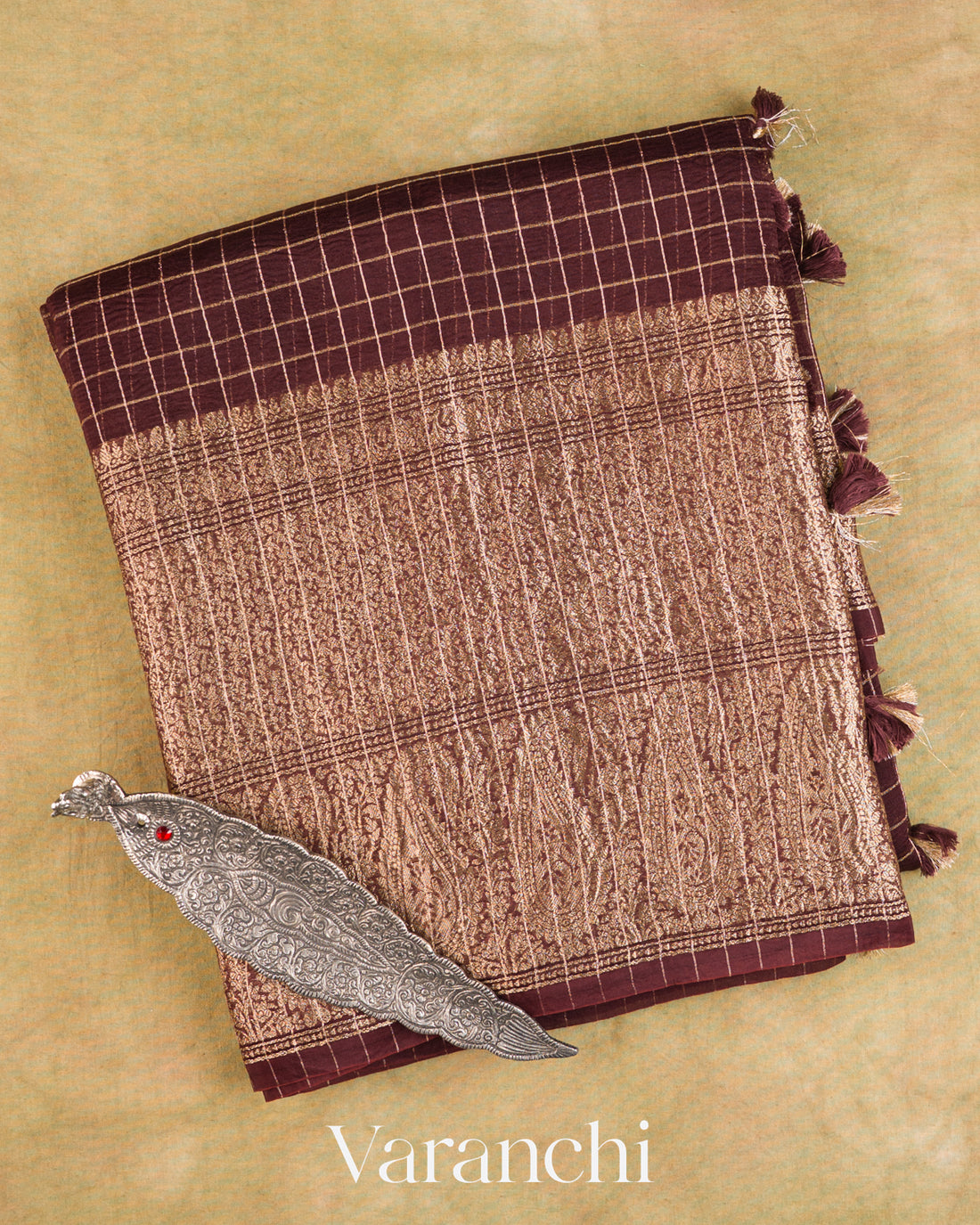 Coffee Brown Checked Pure Kora Silk Saree