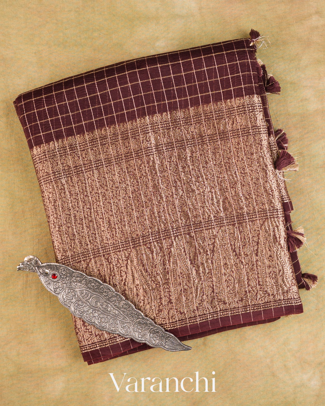Coffee Brown Checked Pure Kora Silk Saree