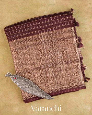 Coffee Brown Checked Pure Kora Silk Saree