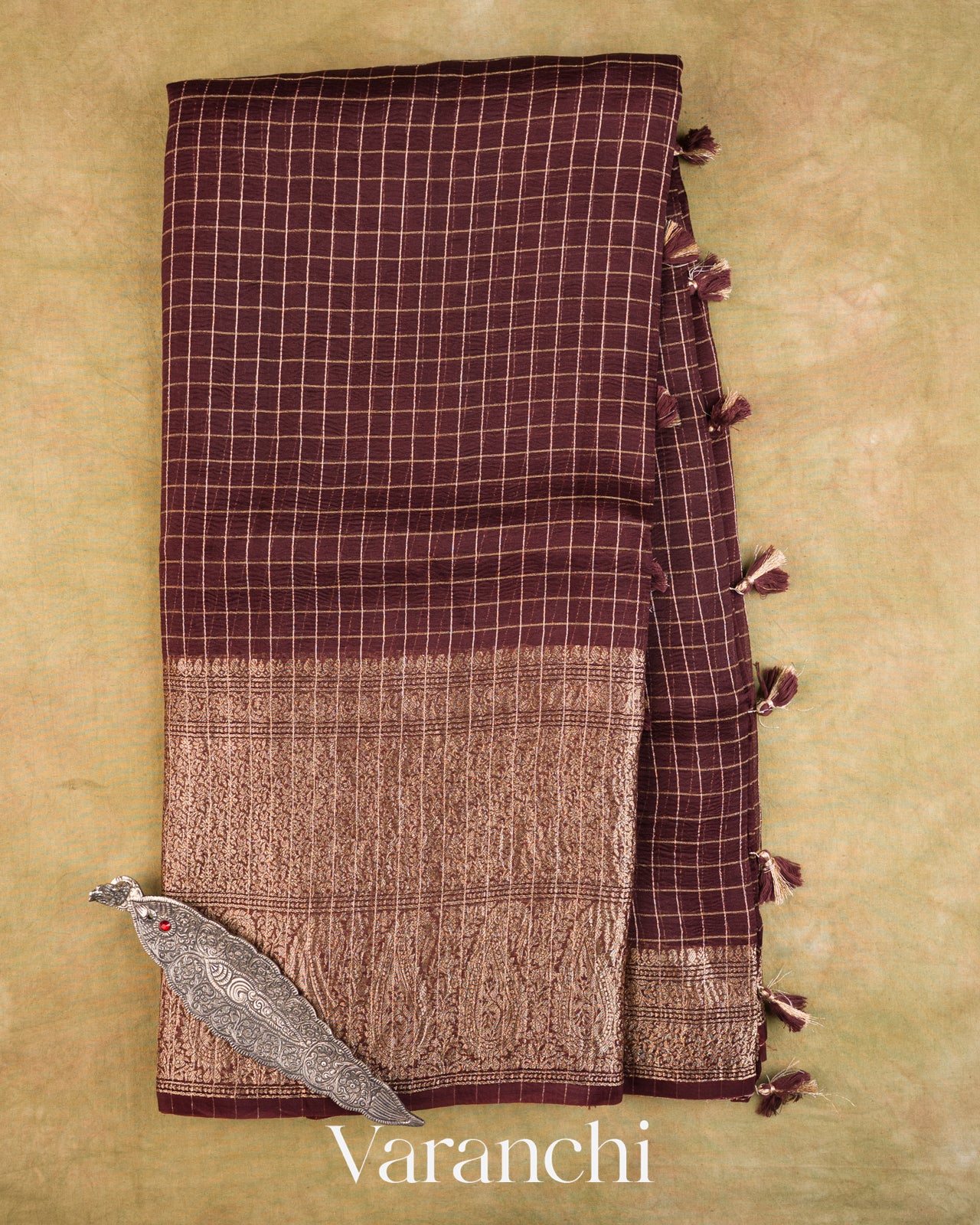 Coffee Brown Checked Pure Kora Silk Saree