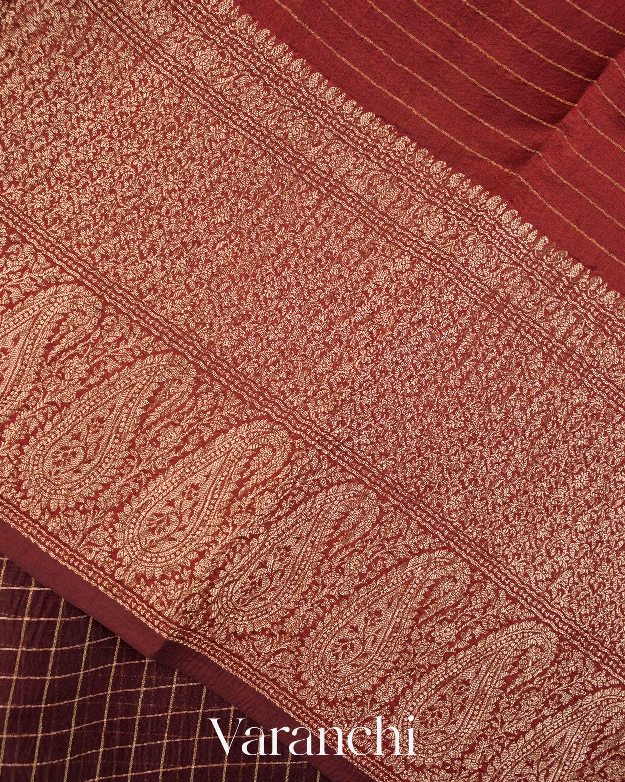 Coffee Brown Checked Pure Kora Silk Saree