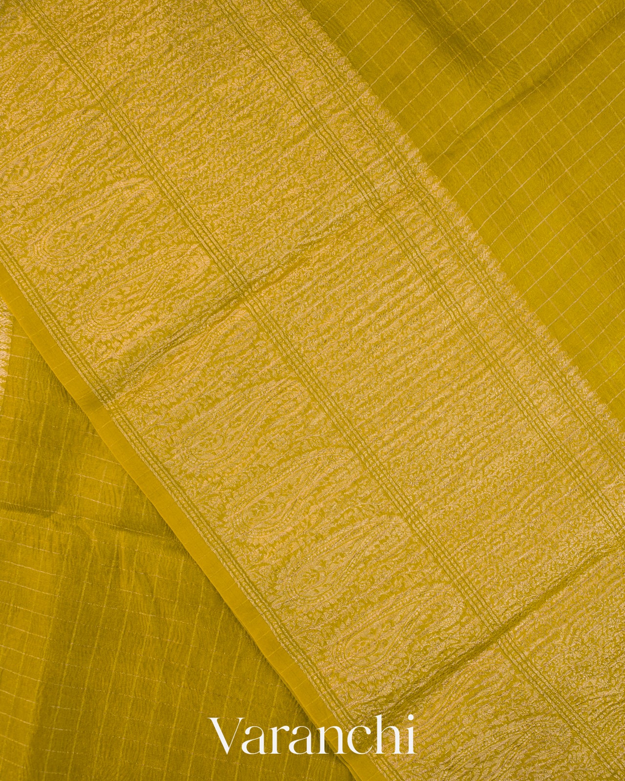 Lemon Yellow Checked Pure Kora Silk Saree