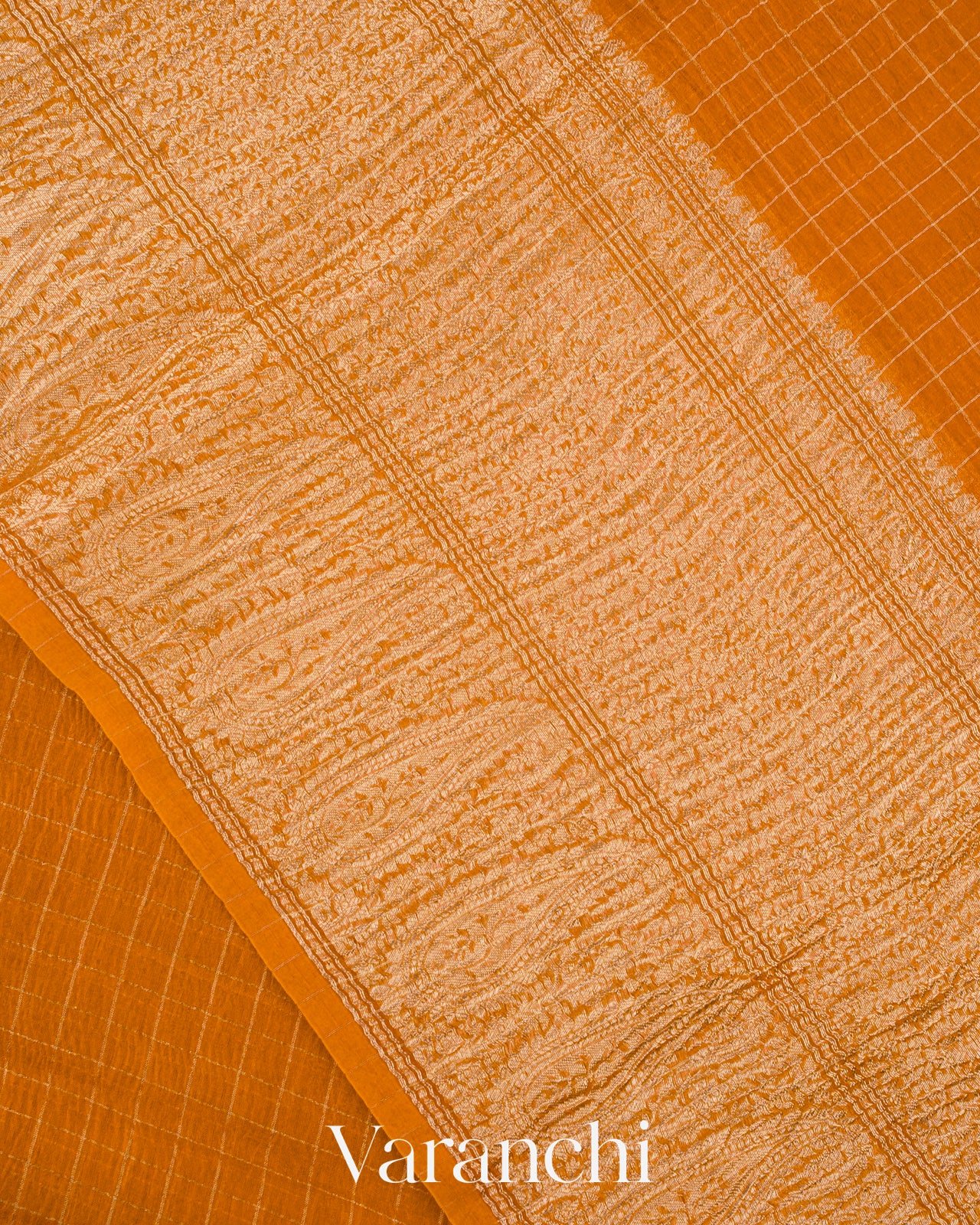 Mustard Yellow Checkered Pure Kora Silk Saree