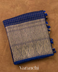 Navy Blue Checkered Pure Kora Silk Saree