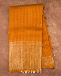 Mustard Yellow Checkered Pure Kora Silk Saree