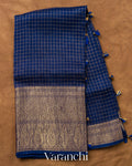 Navy Blue Checkered Pure Kora Silk Saree