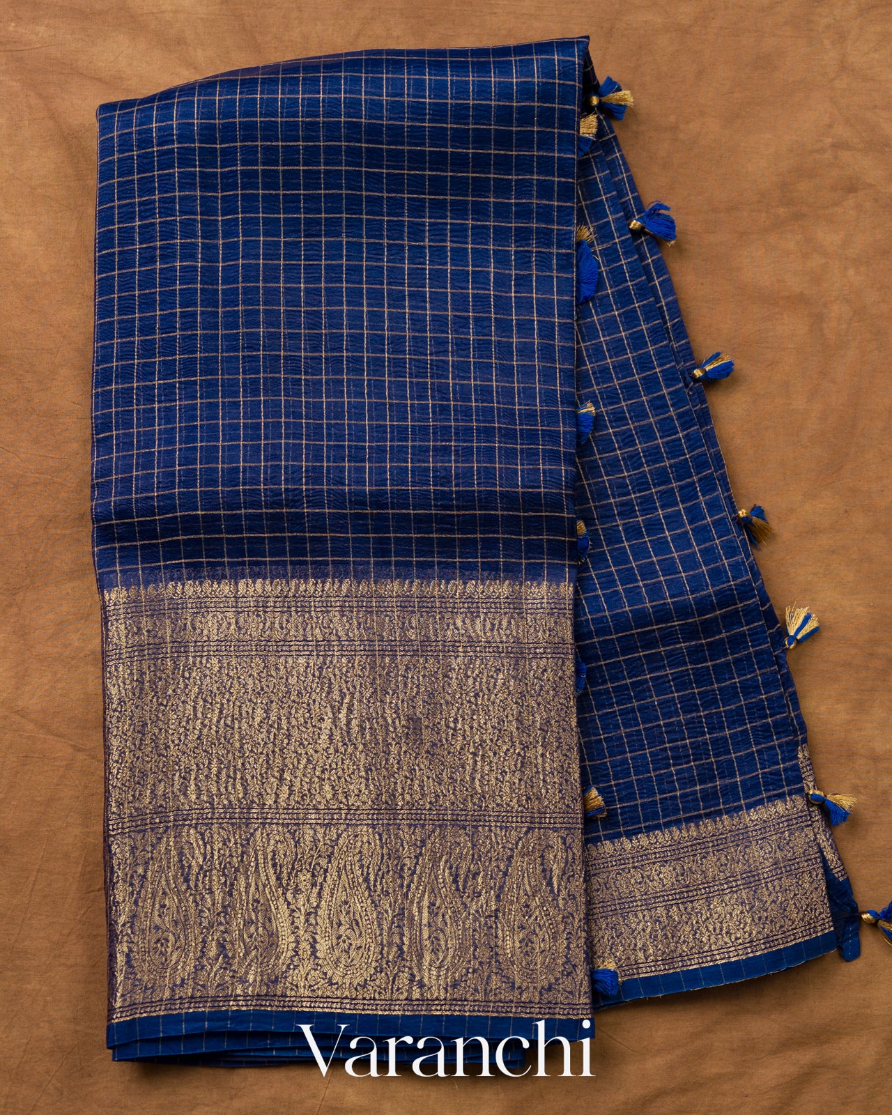 Navy Blue Checkered Pure Kora Silk Saree