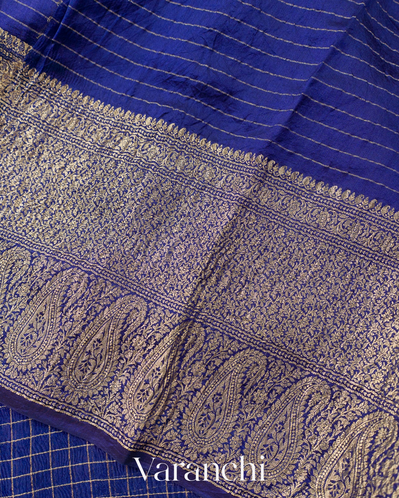 Navy Blue Checkered Pure Kora Silk Saree