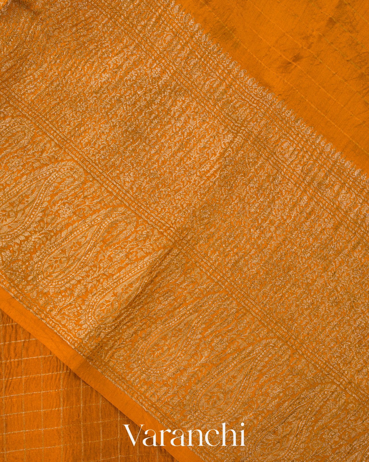 Mustard Yellow Checkered Pure Kora Silk Saree