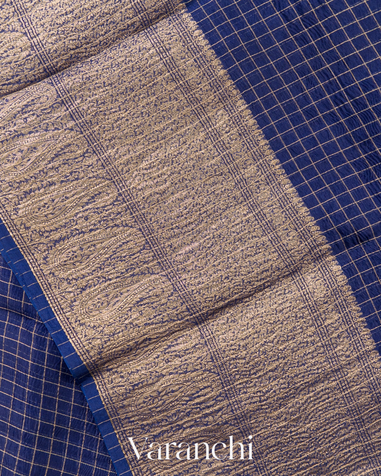 Navy Blue Checkered Pure Kora Silk Saree