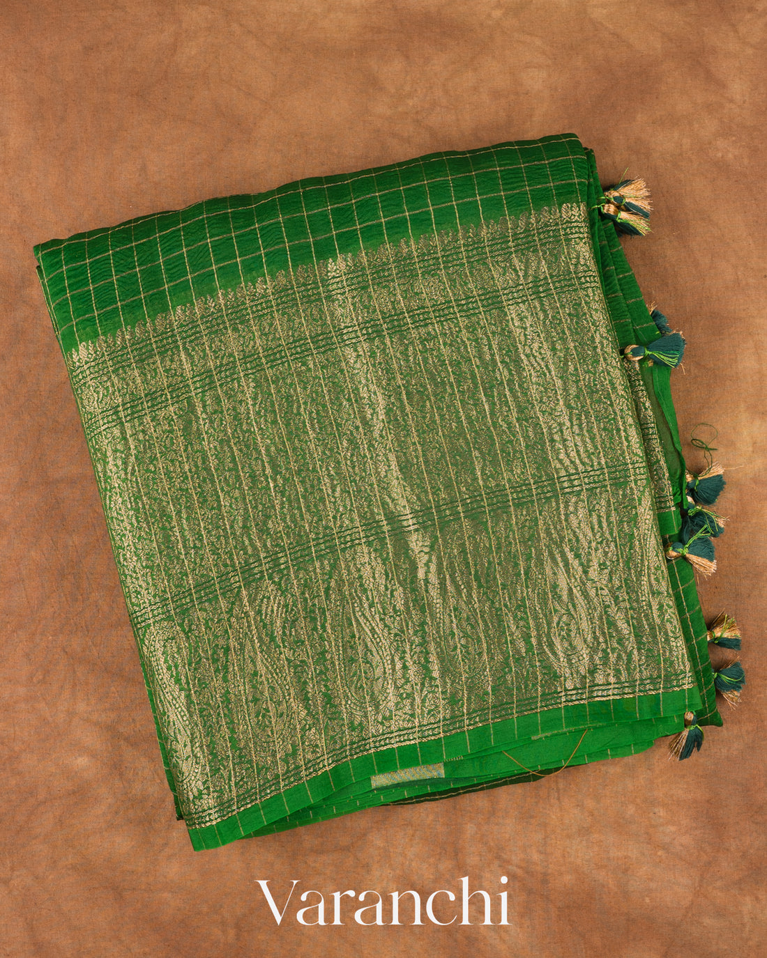 Emerald Green Checkered Pure Kora Silk Saree