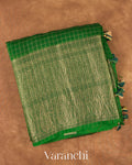 Emerald Green Checkered Pure Kora Silk Saree