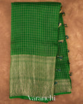 Emerald Green Checkered Pure Kora Silk Saree
