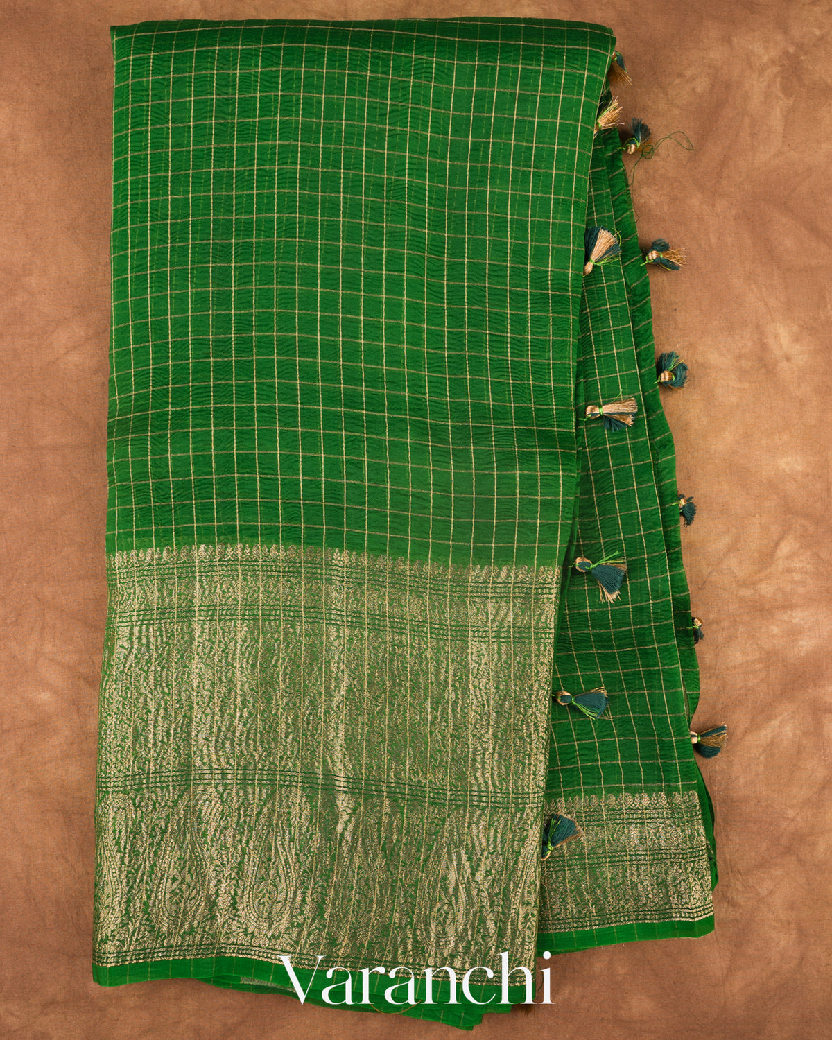 Emerald Green Checkered Pure Kora Silk Saree