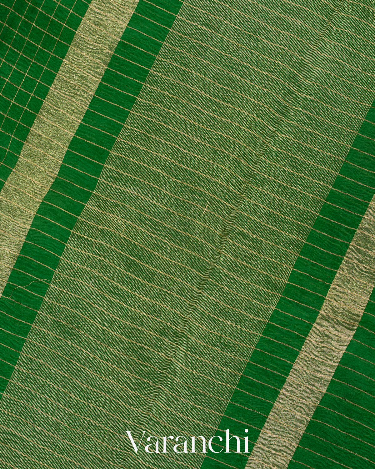 Emerald Green Checkered Pure Kora Silk Saree