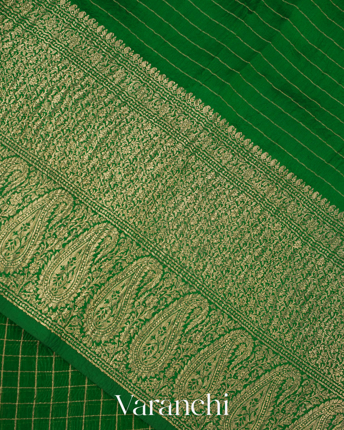 Emerald Green Checkered Pure Kora Silk Saree