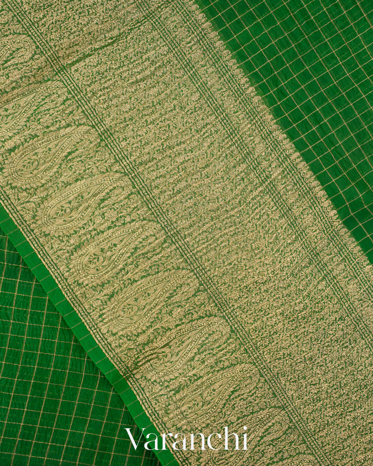Emerald Green Checkered Pure Kora Silk Saree
