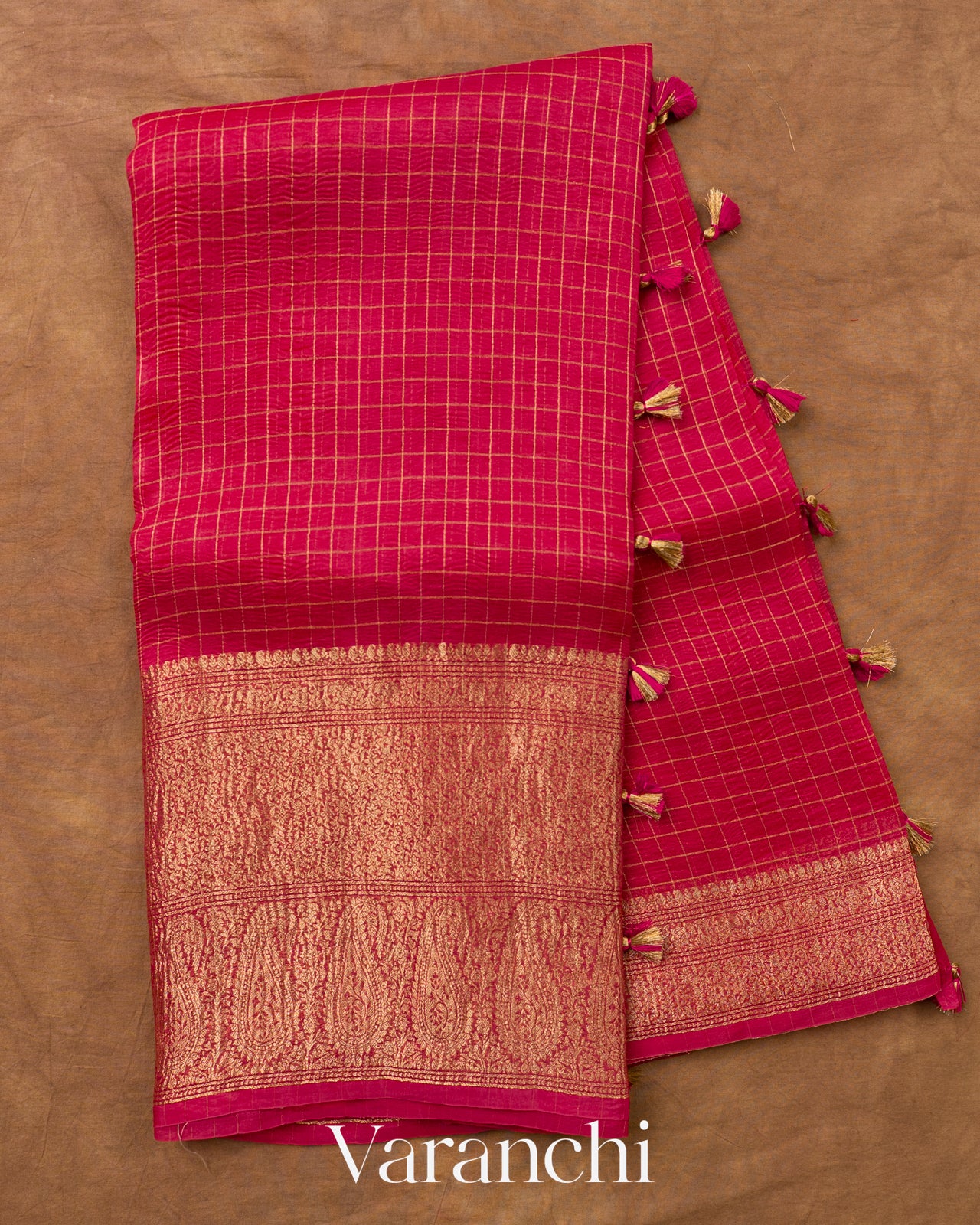 Rani Pink Checkered Pure Kora Silk Saree