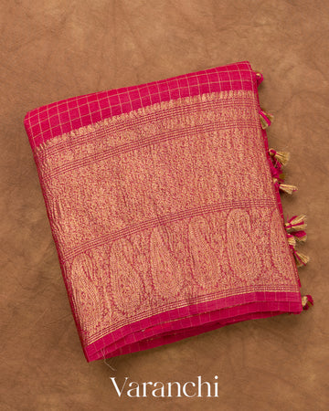 Rani Pink Checkered Pure Kora Silk Saree