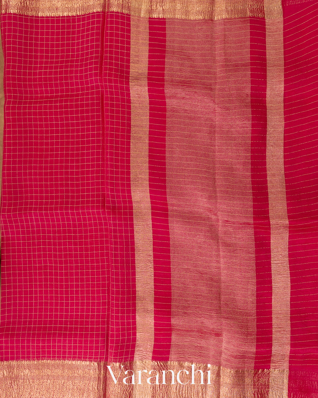 Rani Pink Checkered Pure Kora Silk Saree
