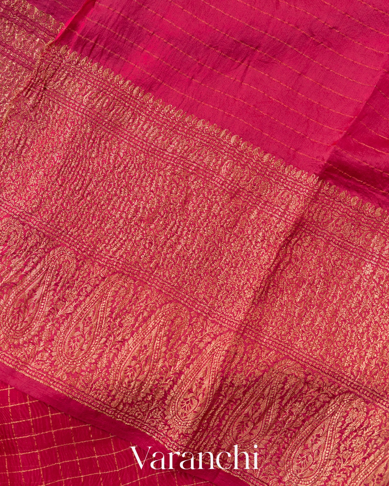 Rani Pink Checkered Pure Kora Silk Saree
