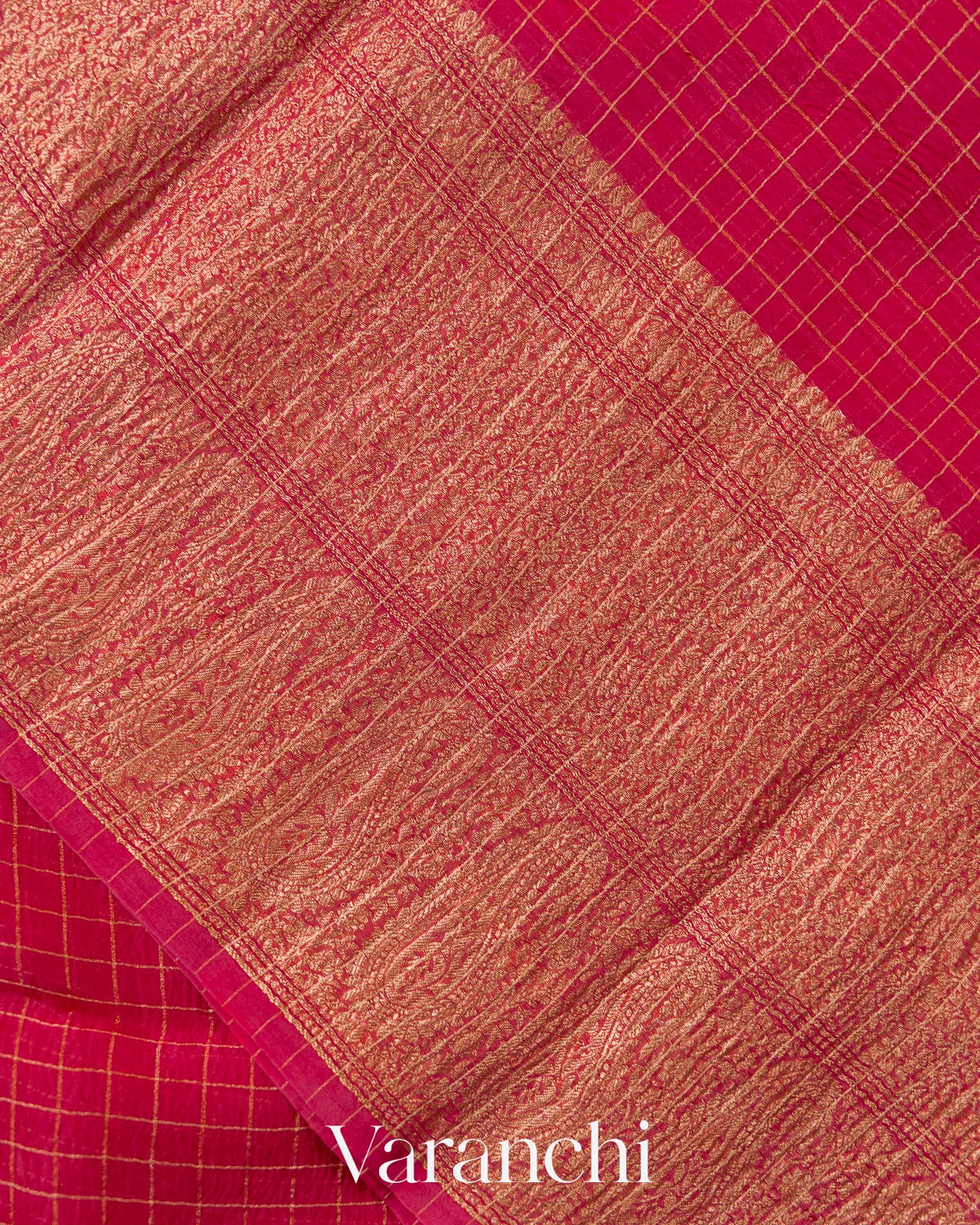 Rani Pink Checkered Pure Kora Silk Saree