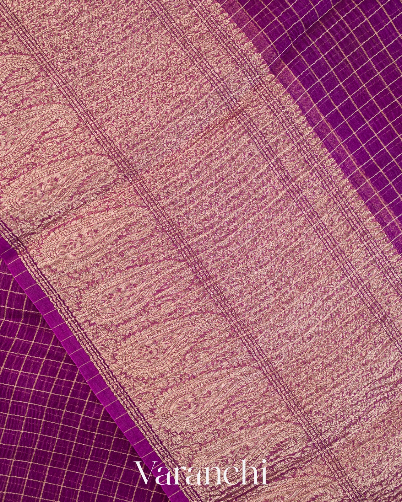 Grape Purple Checked Pure Kora Silk Saree