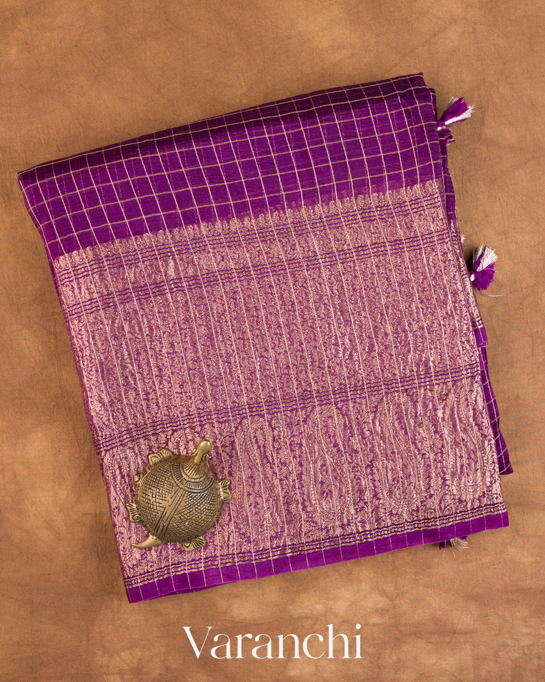 Grape Purple Checked Pure Kora Silk Saree