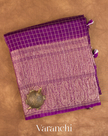 Grape Purple Checked Pure Kora Silk Saree