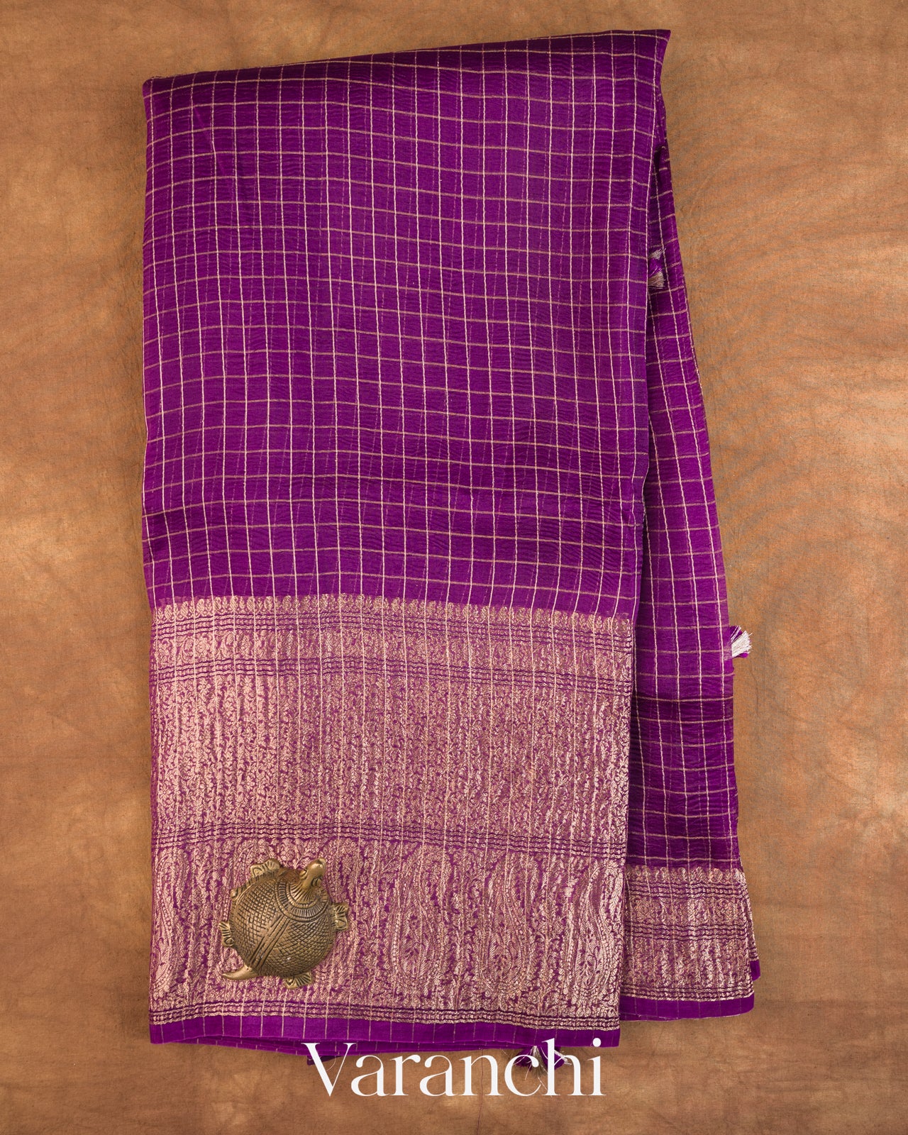 Grape Purple Checked Pure Kora Silk Saree