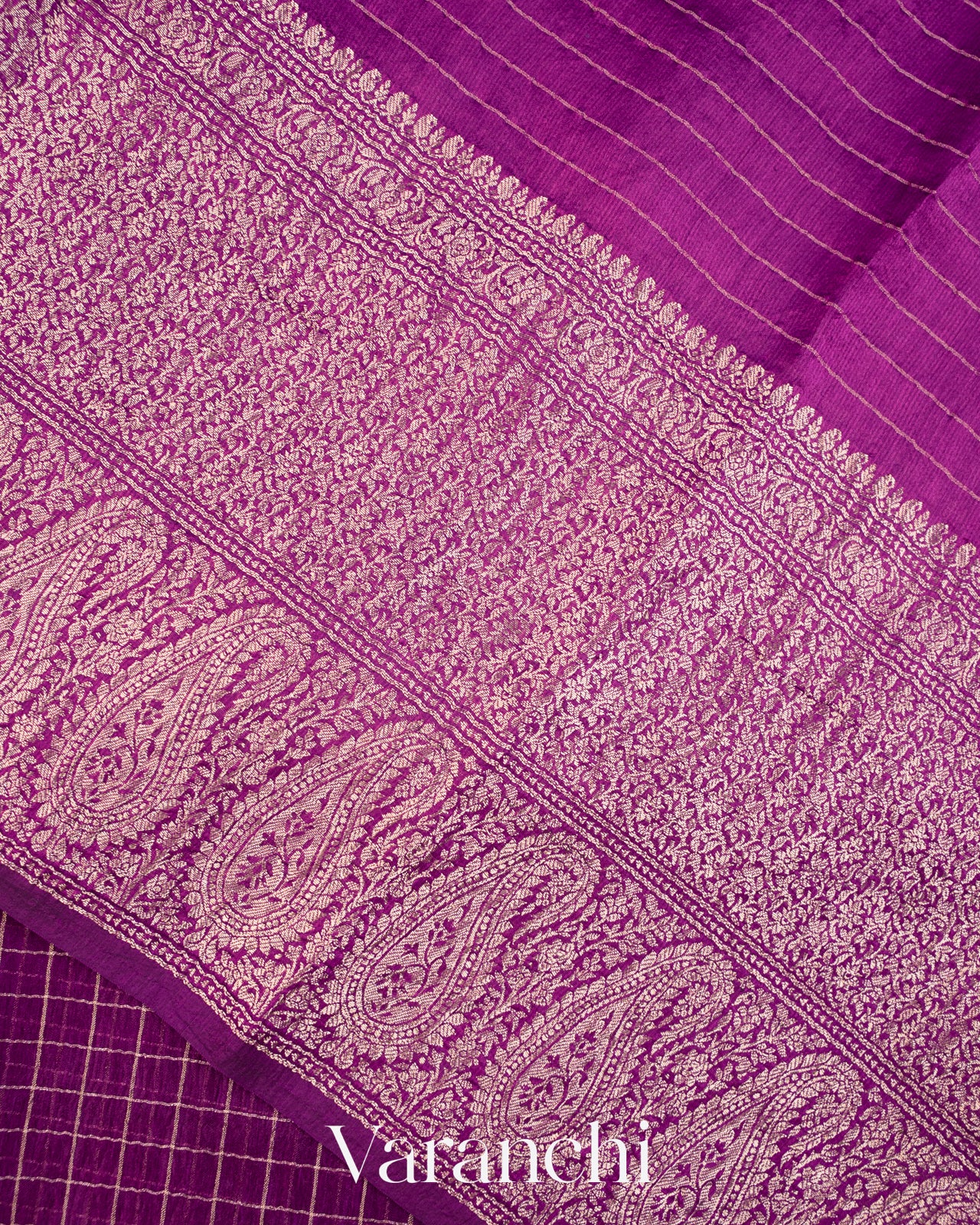Grape Purple Checked Pure Kora Silk Saree