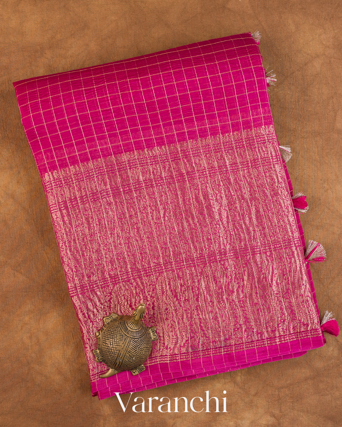 Rani Pink Checked Pure Kora Silk Saree