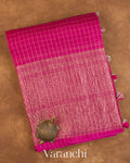 Rani Pink Checked Pure Kora Silk Saree