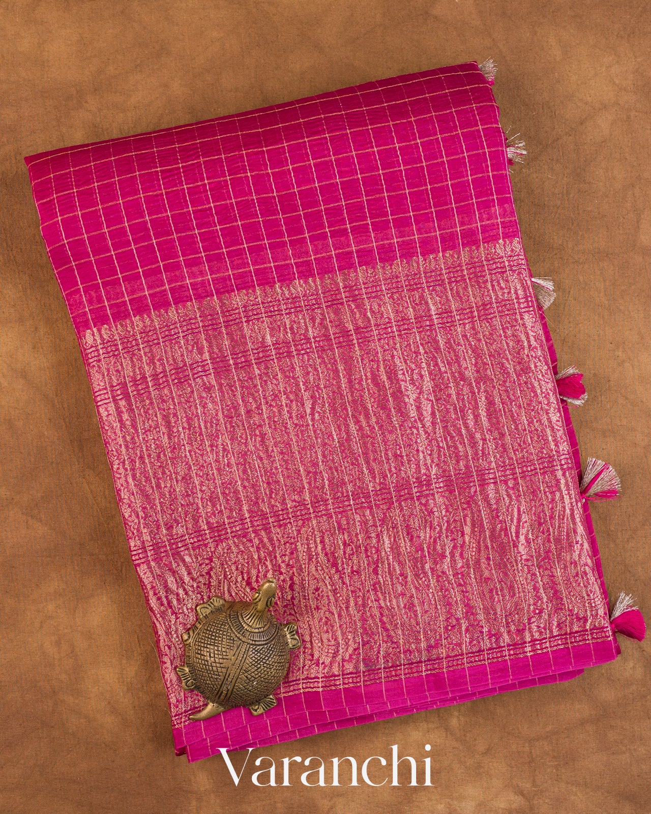 Rani Pink Checked Pure Kora Silk Saree