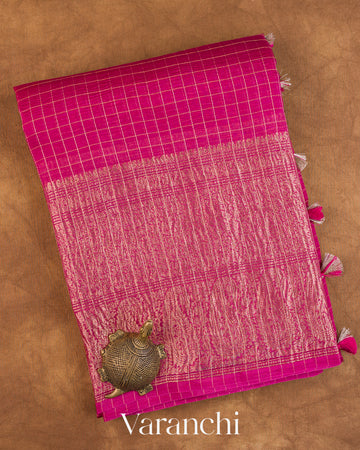 Rani Pink Checked Pure Kora Silk Saree