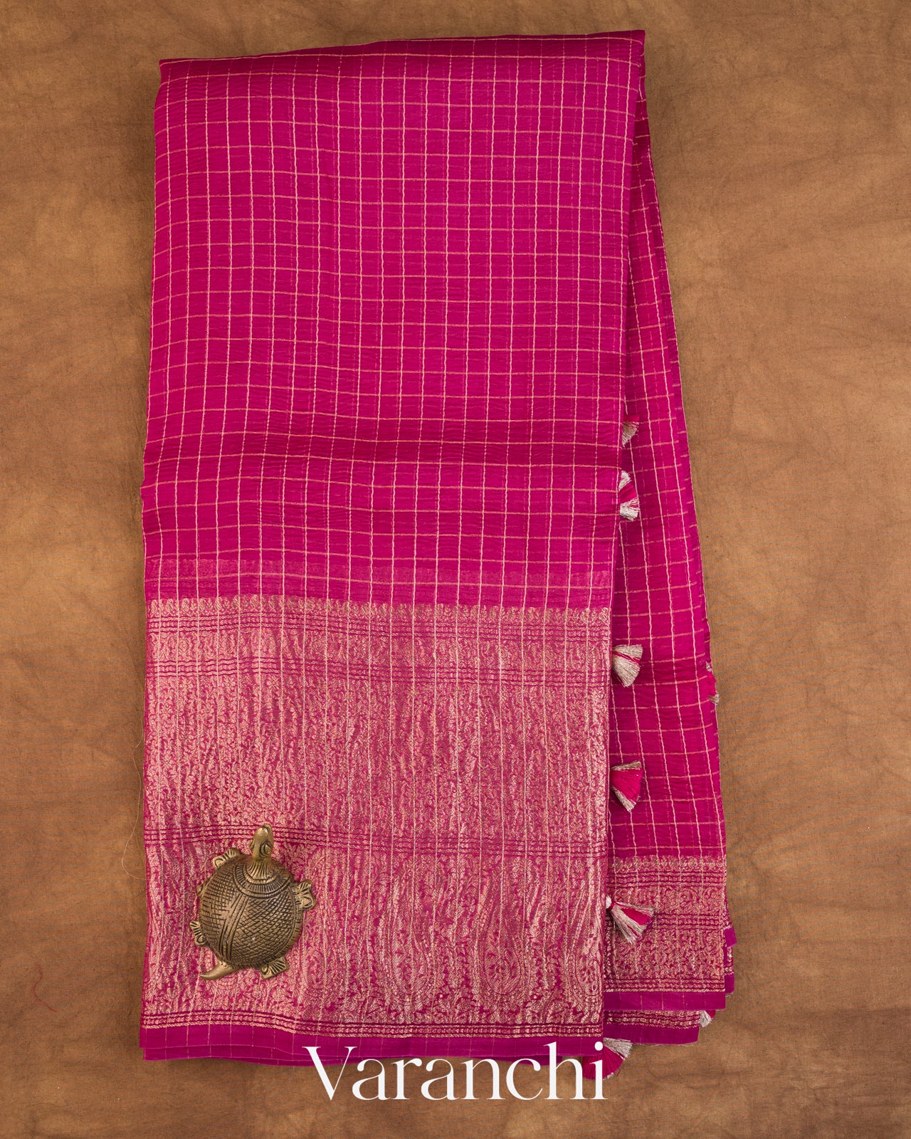 Rani Pink Checked Pure Kora Silk Saree
