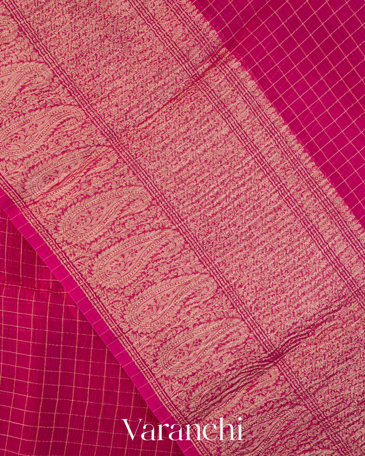 Rani Pink Checked Pure Kora Silk Saree