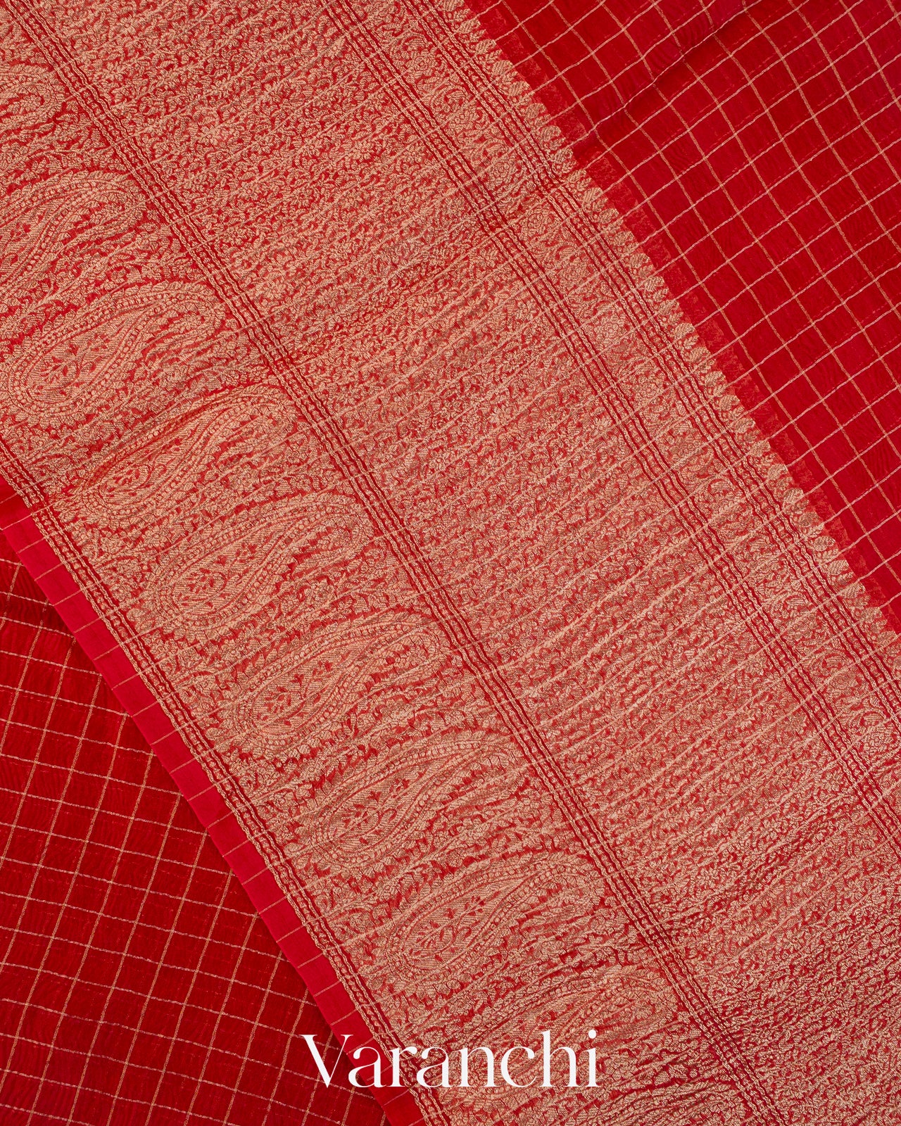 Chilly Red Checked Pure Kora Silk Saree